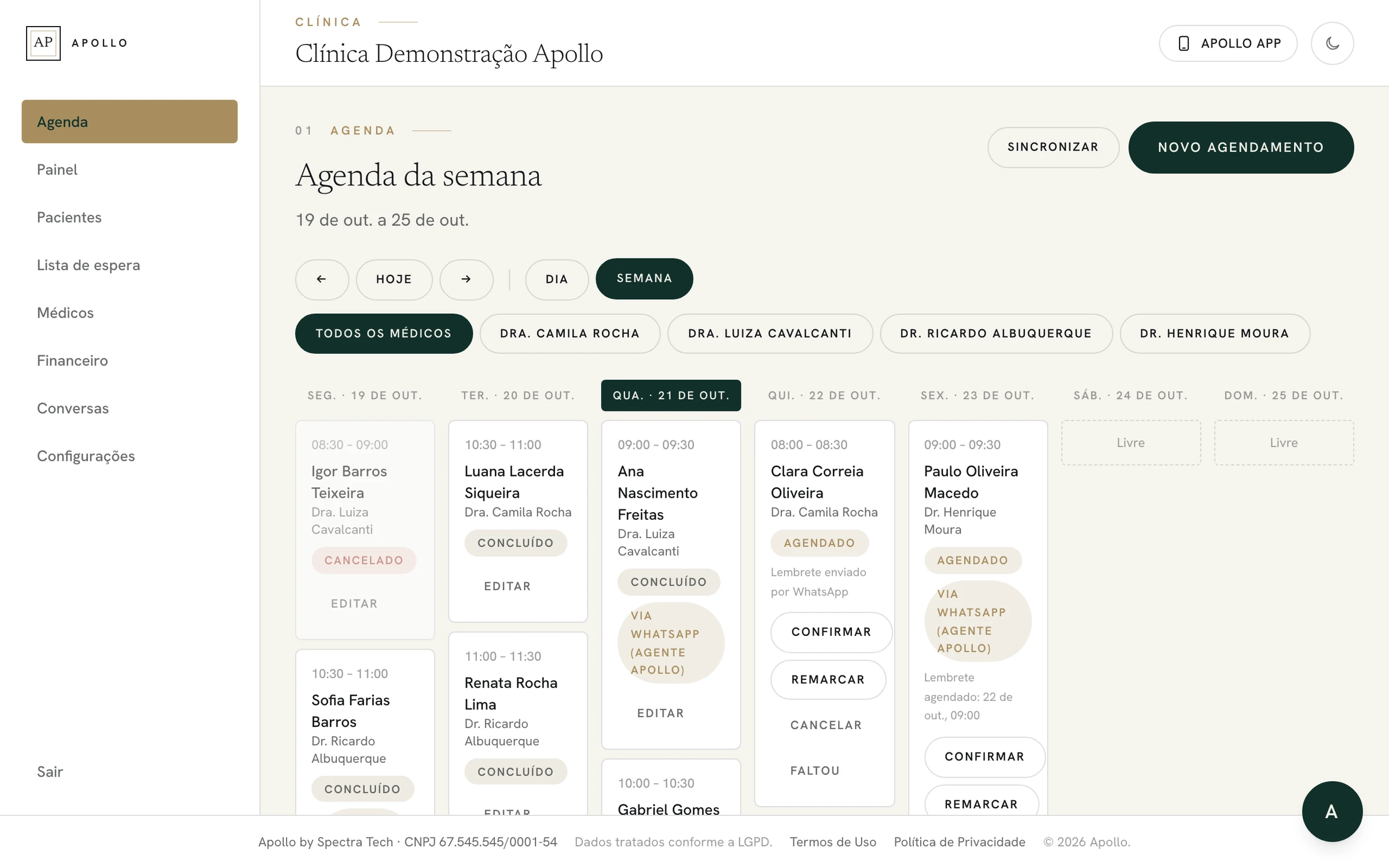 Agenda da semana com todos os médicos